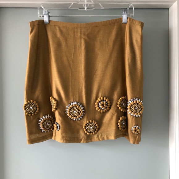 Reiss Chartreuse Beaded Rosette Silk Skirt Sz 10